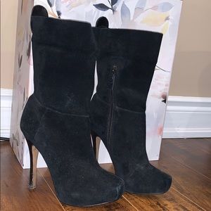 Suede black heeled platform booties